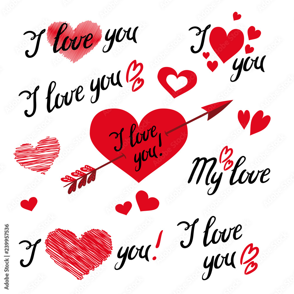Set Of I Love You Hand Lettering and elements with Decorative Ornaments, Hearts and Arrow. Design objects for Valentine's Day