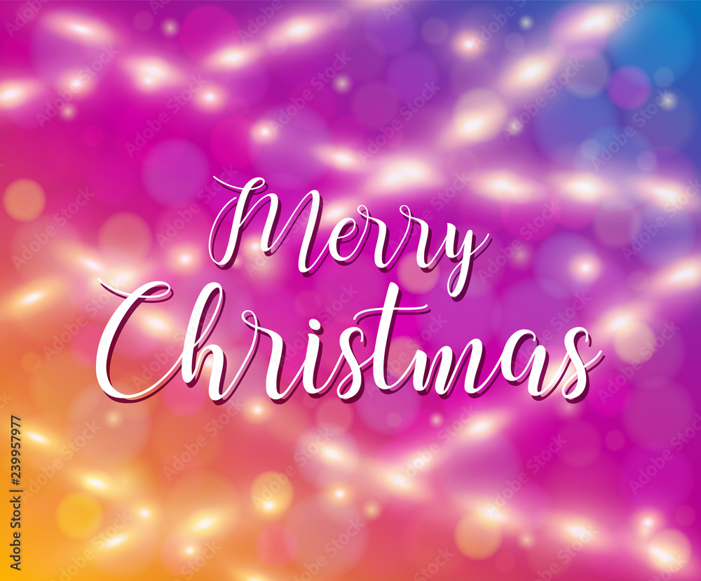 Merry Christmas banner on blurred bokeh background. Bright luminous garland. Shiny concept design for Xmas winter holiday