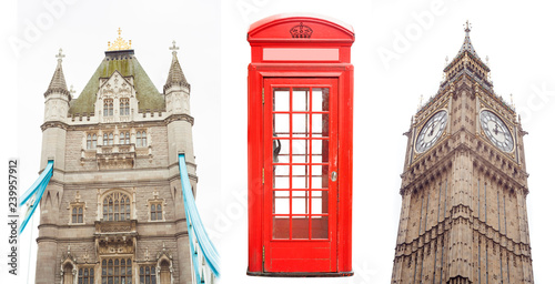 set of London city landmarks as Bridge  telephone booth and Big Ben isolated
