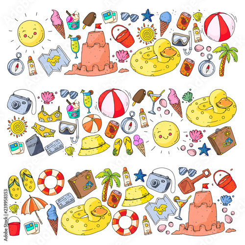 Beach and travel. Vector icons with summer vacation elements.