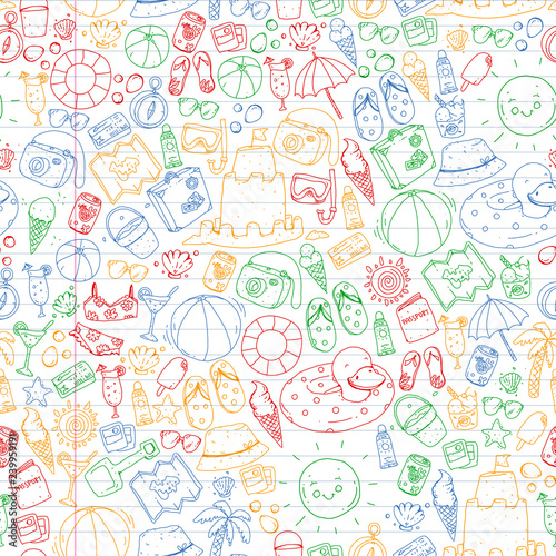 Beach and travel. Vector icons with summer vacation elements.