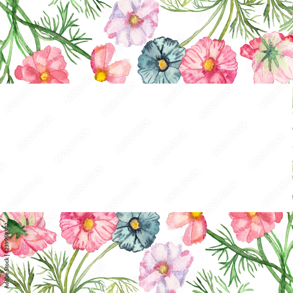 Watercolor banner delicate pink, lilac and blue flowers on green stems with needle leaves isolated on white background.