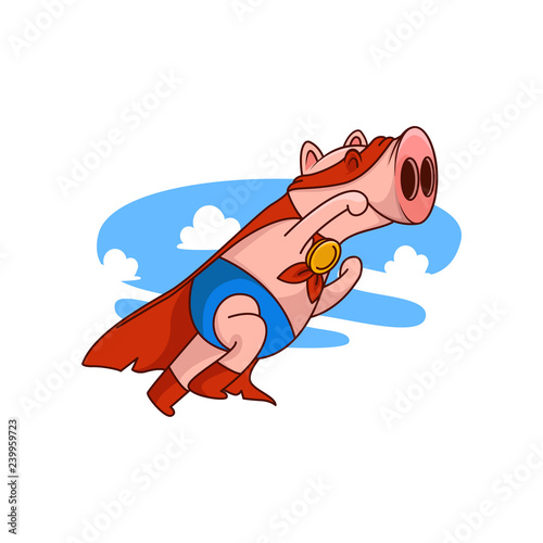 Pig superhero in flying action with paw up. Funny humanized animal in red cape and mask. Cartoon vector icon