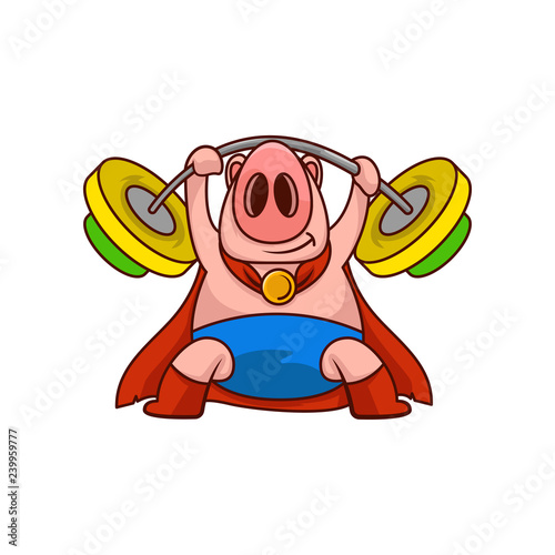 Pig superhero holding barbell above his head. Farm animal in blue shorts and red mantle. Cartoon vector design