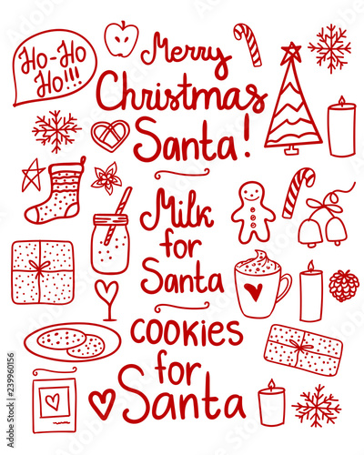 Merry Christmas Doodle Set. Vector red hand drawing holiday elements isolated on white background. Cookies and Milk for Santa.