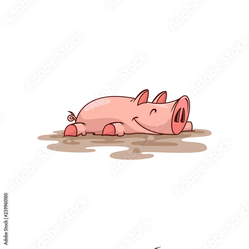 Happy pink pig lying in dirt. Farm animal. Domestic creature. Cartoon character. Vector design