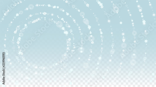 Christmas  Vector Background with White Falling Snowflakes Isolated on Transparent Background. Realistic Snow Sparkle Pattern. Snowfall Overlay Print. Winter Sky. Design for Party Invitation.