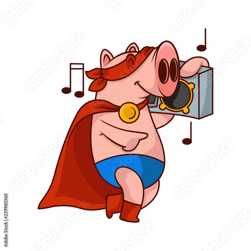Cheerful pig superhero listening music with tape recorder. Funny humanized animal. Cartoon character. Vector design