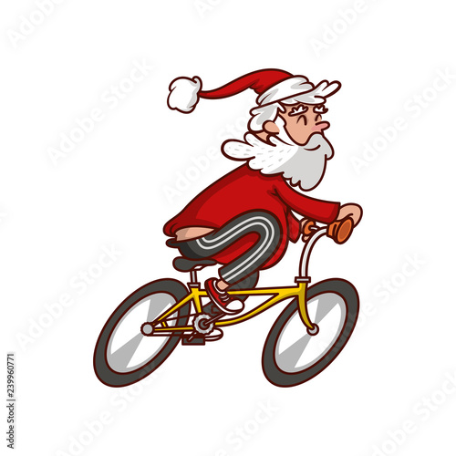 Fat Santa Claus riding bicycle. Old smiling man enjoying cycling. Funny cartoon character. Vector design
