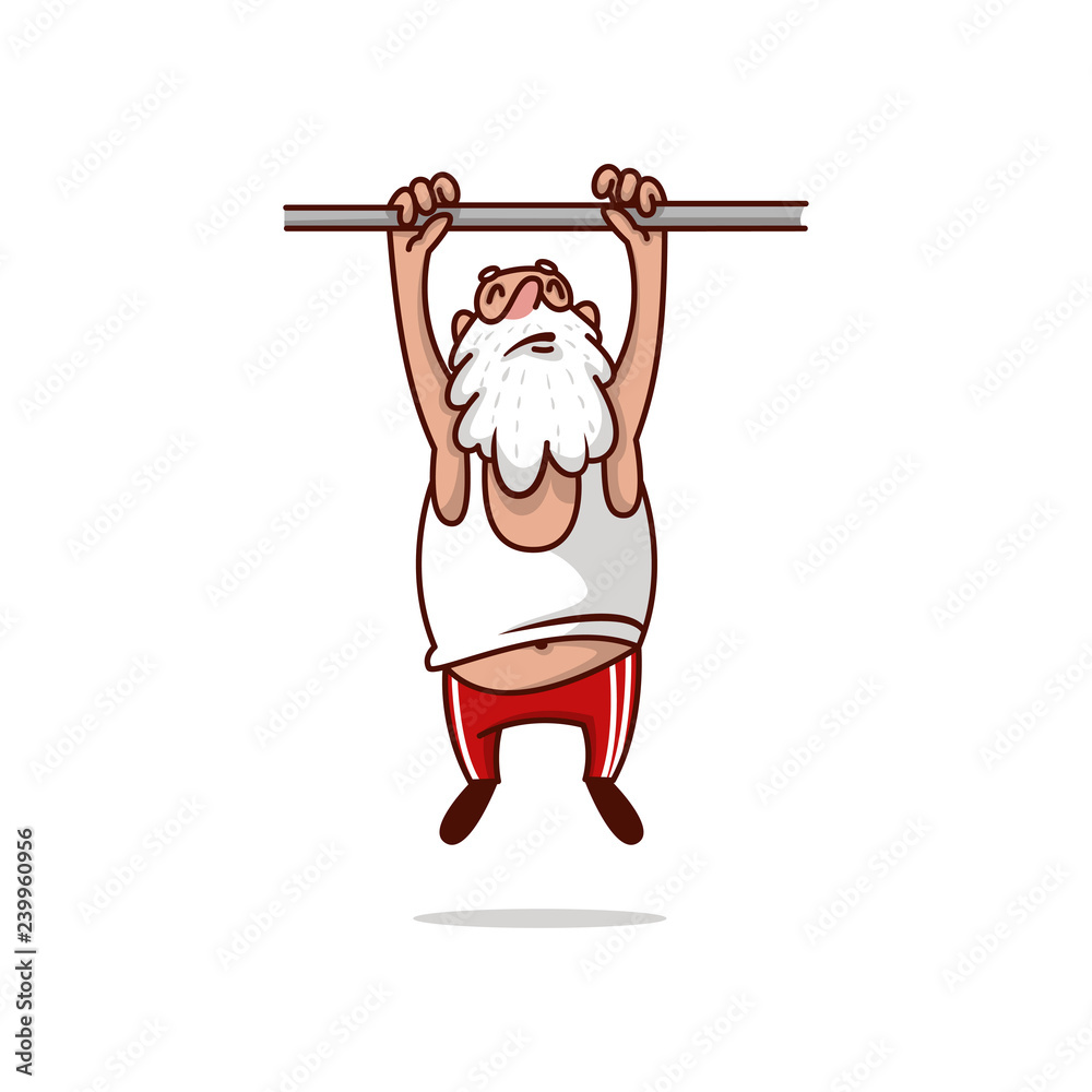 Fat Santa Claus hanging on crossbar and trying to pulling up. Old bearded man. Physical activity. Cartoon vector design