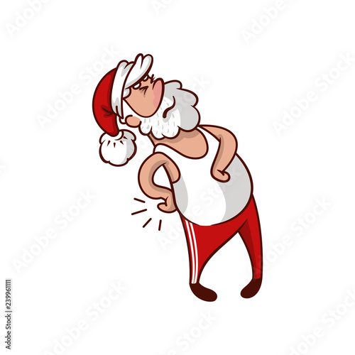 Santa Claus suffering from pain in back. Sports injury. Old man with white beard. Cartoon vector design