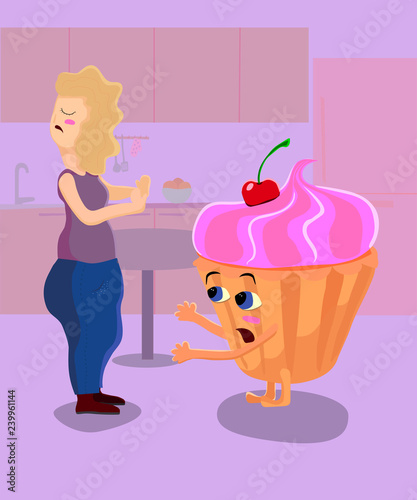 in the kitchen there is a plump girl who refuses sweet   large cupcake pulling hands to it