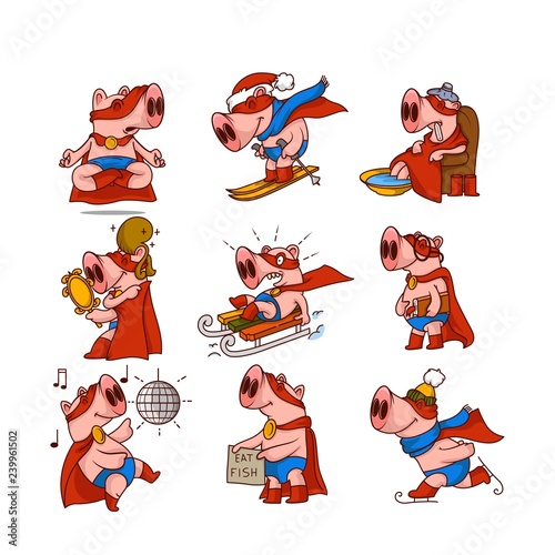 Vector set of pig dressed in superhero costume in different actions. Humanized animal. Funny cartoon character