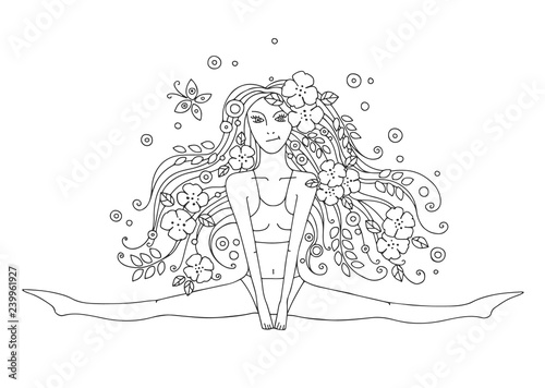 Vector graphic hand drawn illustration of young beautiful girl with long hair with flowers  leaves  butterfly. Woman sitting on string. Black and white picture for coloring  line drawing.