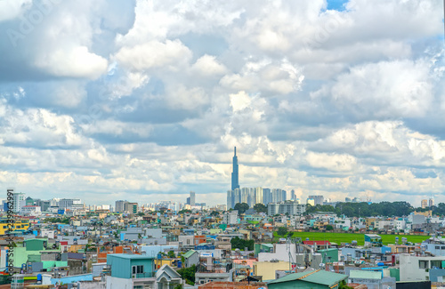 Ho Chi Minh City  Vietnam - September 22nd  2018  Landscape from above in the city in the afternoon with skyscrapers showing the economic development in Ho Chi Minh City  Vietnam