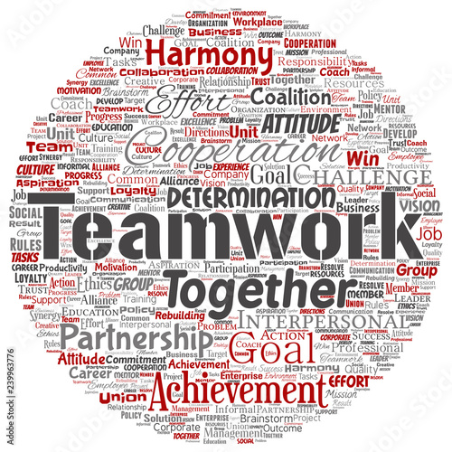 Vector conceptual teamwork management round circle red partnership idea, success goal word cloud isolated background. Collage of business strategy as group cooperation solution or team concept design