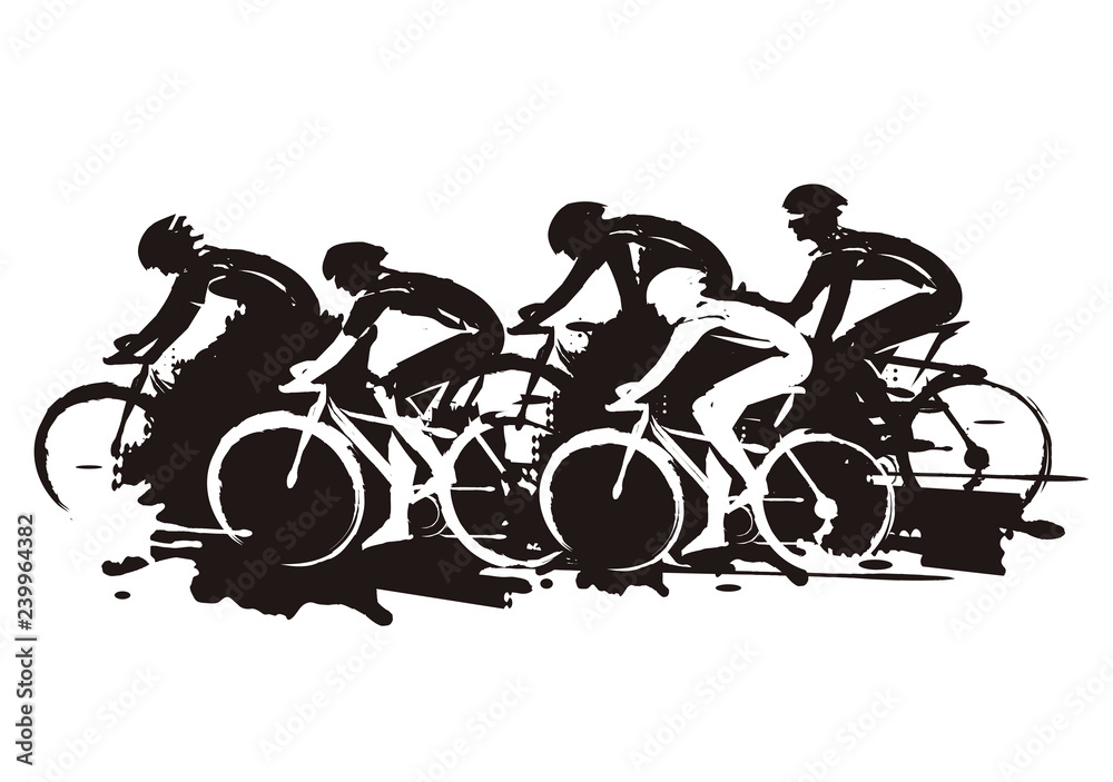 Fototapeta premium Cycling race, expressive Stylized. Illustration of cyclists in full speed. Imitation of hand drawing. Isolated on white background.Vector available.