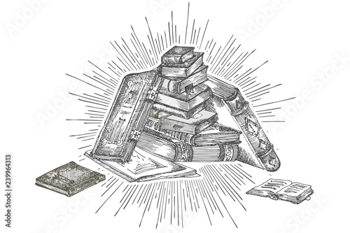 Banner with hand drawing sketch books. Concept vintage design for fair or festival flyer, paper, banner, school library retro poster, bookshop advertising in engraving style