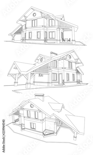 Vector set of private house facades, detailed architectural technical drawing