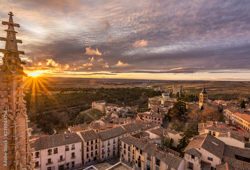 View from the Cathedral of Segovia del Alcázar and the church of San Andres in Segovia (Spain