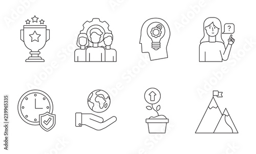 Linear Core values icon set with team, quality, innovations, customers, reliability, responsibility and growth concepts isolated on white background.