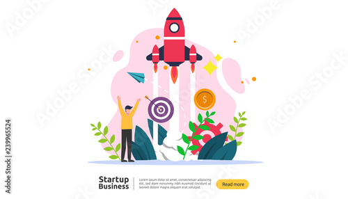 start up idea concept. project business with rocket tiny people character. new product or service launch template for web landing page, banner, presentation, social, print media. Vector illustration.