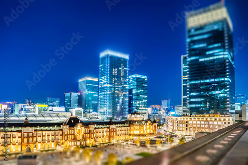 night view of tokyo station with tilt shift