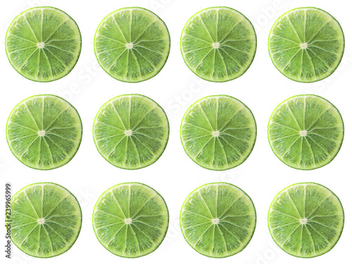 Juicy lime slice circle shape alignment isolated on white background