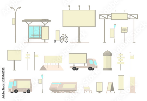 Outdoor advertising media set. Front view. Types of outdoor advertising out of home ads.