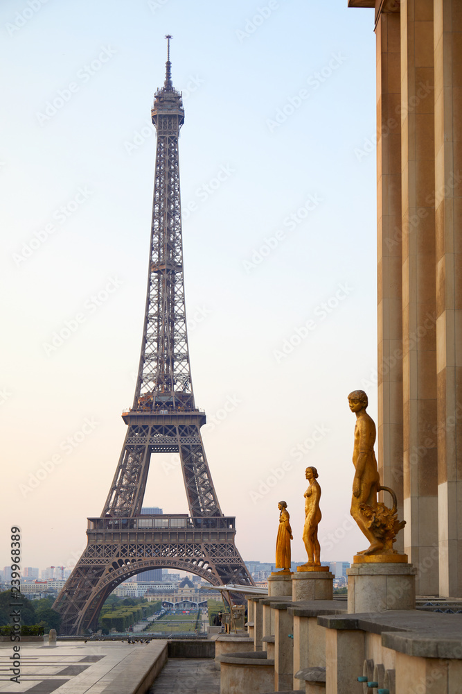 PARIS, FRANCE - JULY 7, 2018: Eiffel tower, nobody at Trocadero in a clear summer morning in Paris, France