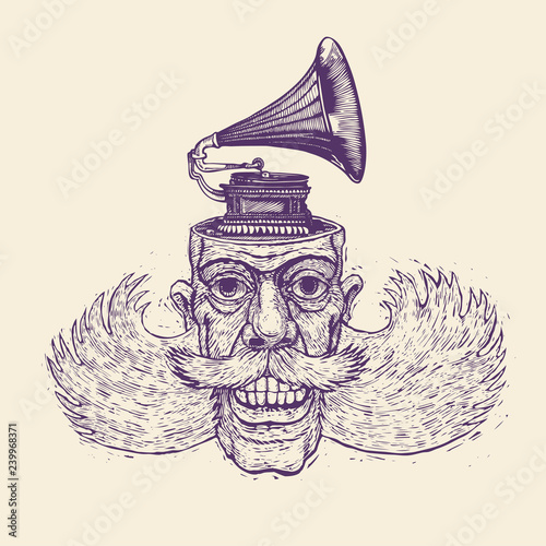lucky dude with mustaches, sidewhiskers and gramophone on his head. engraving style. vector illustration