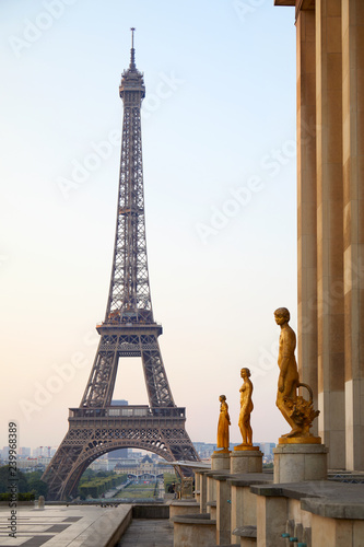 PARIS  FRANCE - JULY 7  2018  Eiffel tower  nobody at Trocadero in a clear summer morning in Paris  France