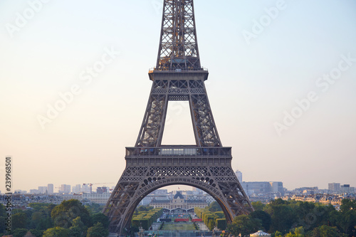 Eiffel tower detail from Trocadero in a clear summer morning in Paris, France
