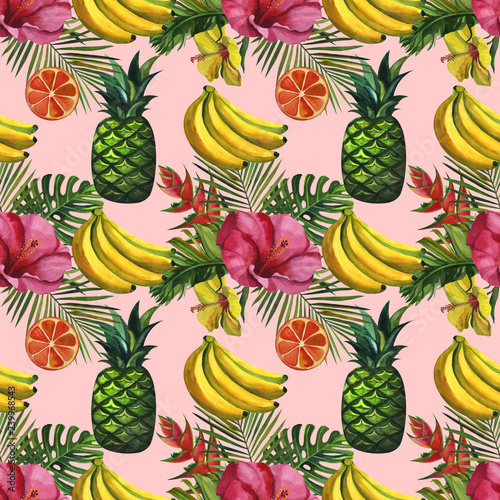 Fototapeta Naklejka Na Ścianę i Meble -  Watercolor pattern with tropical palm leaves, bananas, pineapples, flowers. Seamless pattern