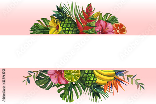 Watercolor flowers frame. with tropical palm leaves, bananas, pineapples, flowers. Seamless pattern