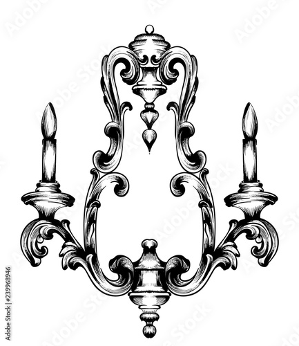 Baroque wall lamp Vector. French Luxury rich intricate ornaments. Engraved fl...
