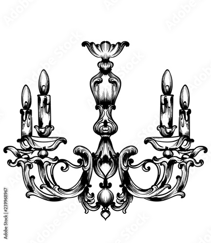 Baroque Chandelier Vector. French Luxury rich intricate ornaments. Engraved f...