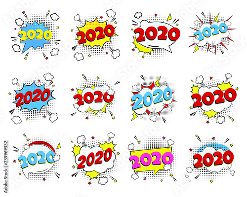 2020 happy new year christmas comic pop art speech bubble set vector illustration. Colorful pop art style sound effect. Halftone, vintage comic sound effects isolated on white background.