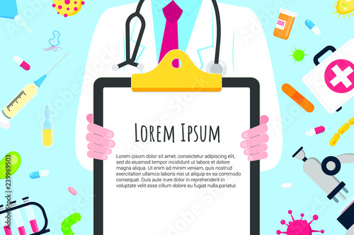 Medical banner concept flat style design poster. Male man doctor employee on it holding clipboard and arounded with hospital equipment and medicines. Medical awareness flu, polio influenza etc. banner