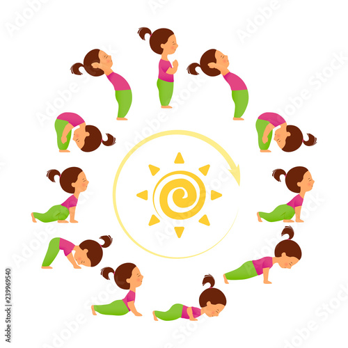Morning yoga. Set of sun salutation exercises. Surya namascar asana sequence. Cute cartoon character in different asanas.