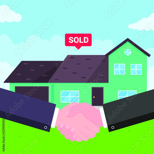 Buying new house on sale. Two hands shaking, big deal agreement flat style vector illustration. New house behind sold for new landlord or houseowner. Good partnership and succesful deal concept.