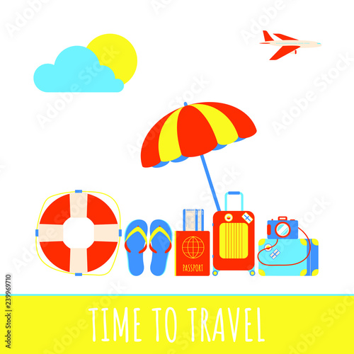 Time to travel summer beach holiday vacation poster or banner flat style design vector illustration concept isolated white background. Text, plane, flip flops, luggage suitcase, pasport, tickets signs