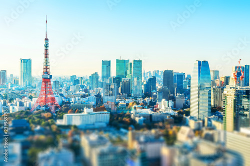 tokyo skyline aerial view with tilt shift effect photo