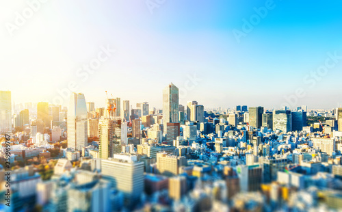 tokyo skyline aerial view with tilt shift effect
