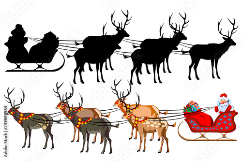 Santa Claus on a sleigh with reindeer  with a handful of gifts. Silhouette of santa claus.