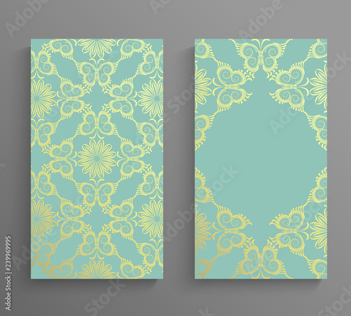 Ornamented covers design in gold and turquoise colors. Greeting cards, invitation, money envelopes design.