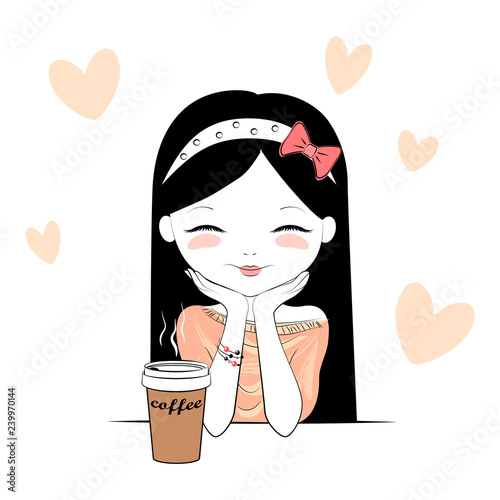 Cute girl with coffee cup day-dreaming in cafe. Cartoon stylized character isolated on white background.