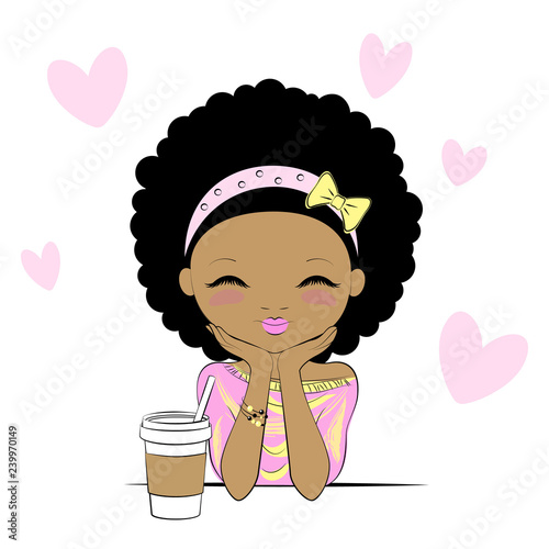 Cute girl with coffee cup day-dreaming in cafe. Cartoon stylized character isolated on white background.