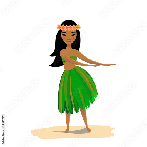 Cute hawaiian girl dancing hula in traditional costume.