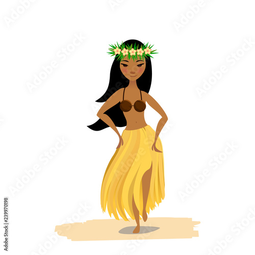 Cute hawaiian girl dancing hula in traditional costume.